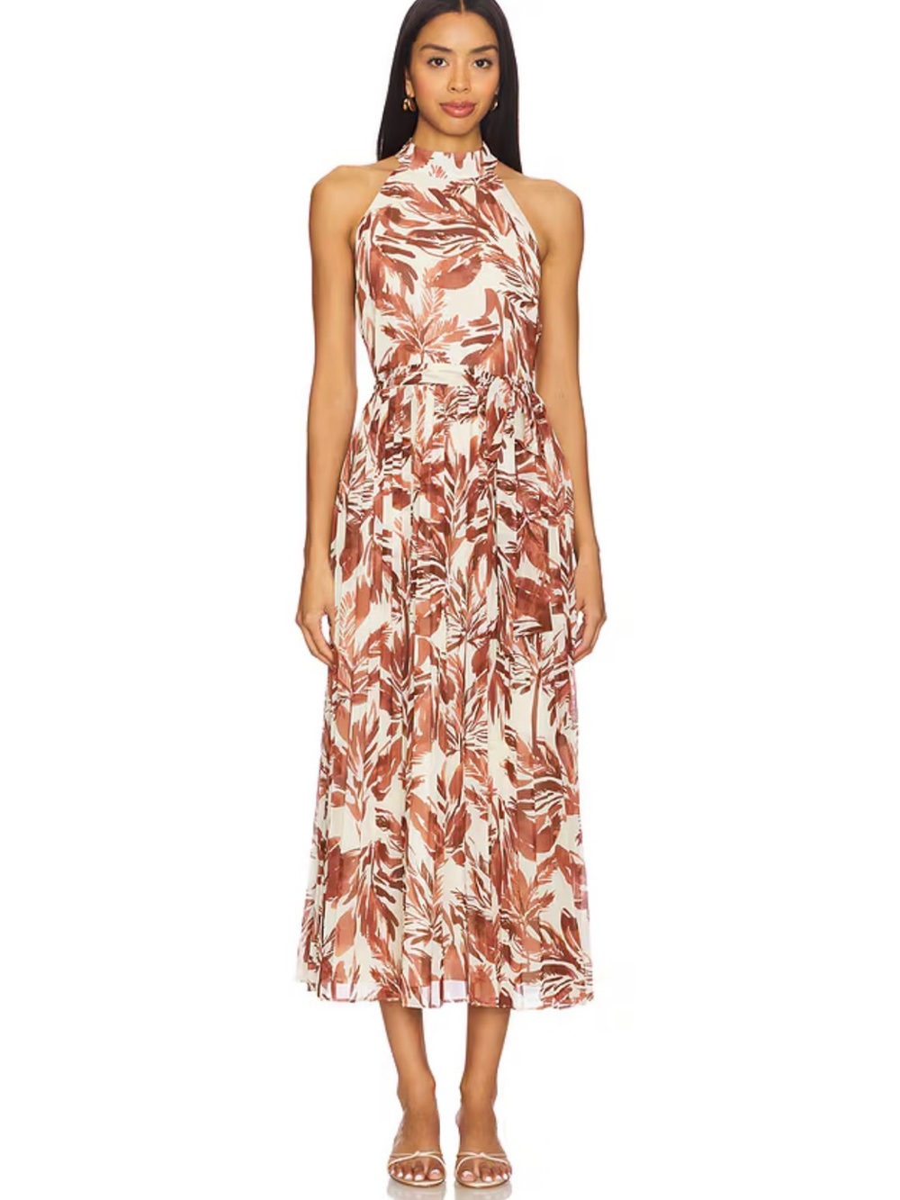 Steve Madden Halter Midi Dress in Rust and Cream Leaf Print